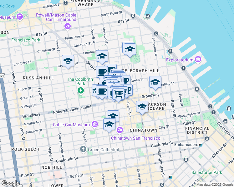 map of restaurants, bars, coffee shops, grocery stores, and more near 729 Vallejo Street in San Francisco