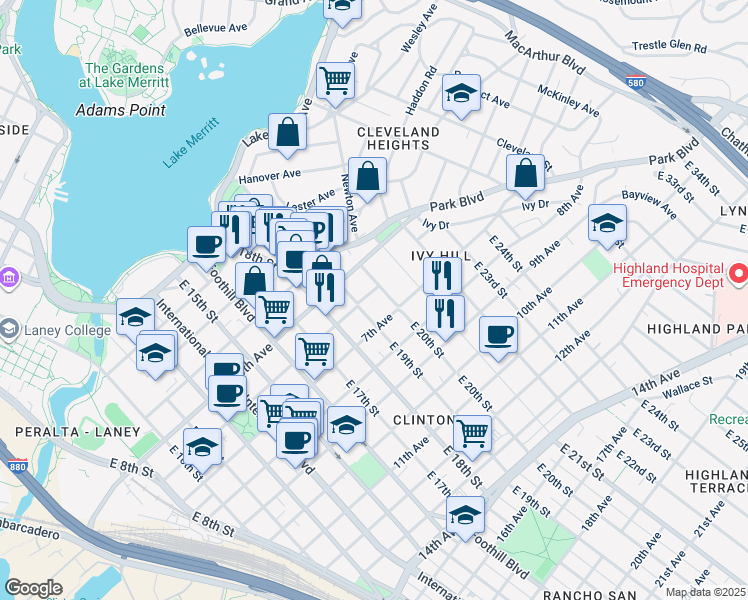 map of restaurants, bars, coffee shops, grocery stores, and more near 1926 6th Avenue in Oakland