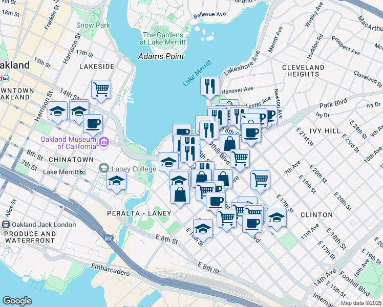 map of restaurants, bars, coffee shops, grocery stores, and more near 1429 2nd Avenue in Oakland