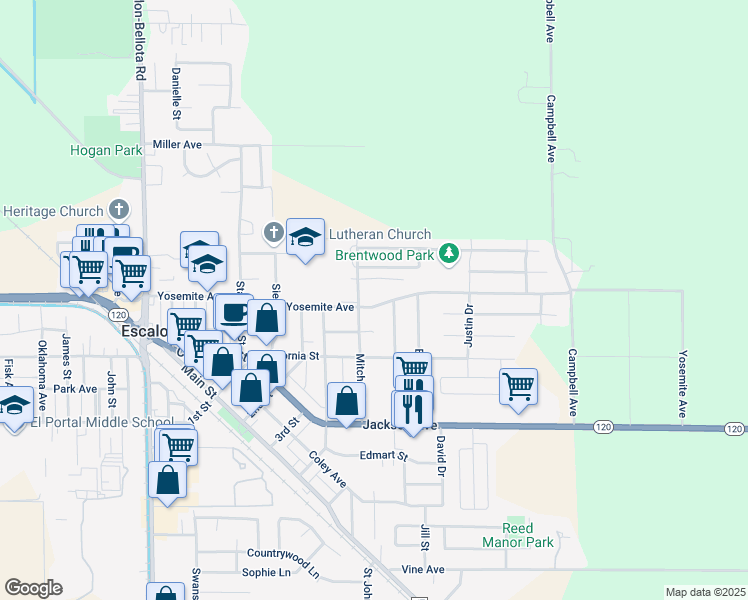 map of restaurants, bars, coffee shops, grocery stores, and more near 2118 Yosemite Avenue in Escalon