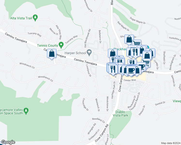 map of restaurants, bars, coffee shops, grocery stores, and more near 423 Sutton Circle in Danville