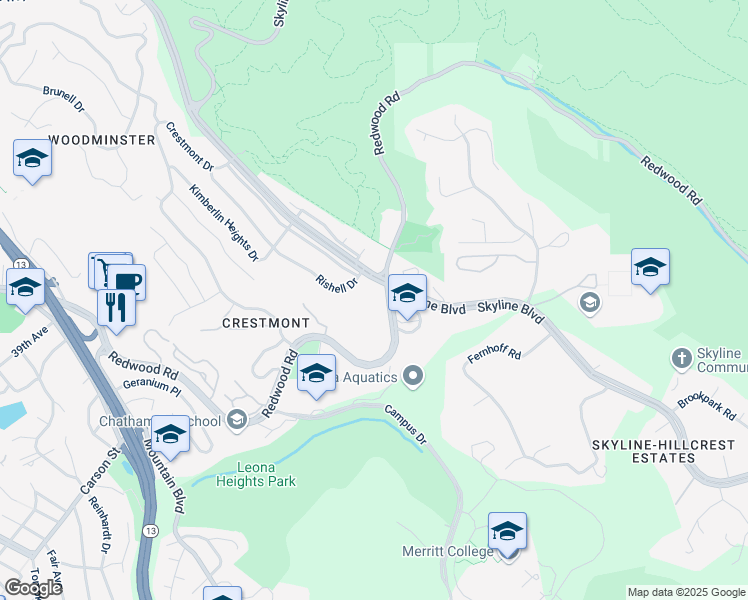 map of restaurants, bars, coffee shops, grocery stores, and more near 11889 Skyline Boulevard in Oakland