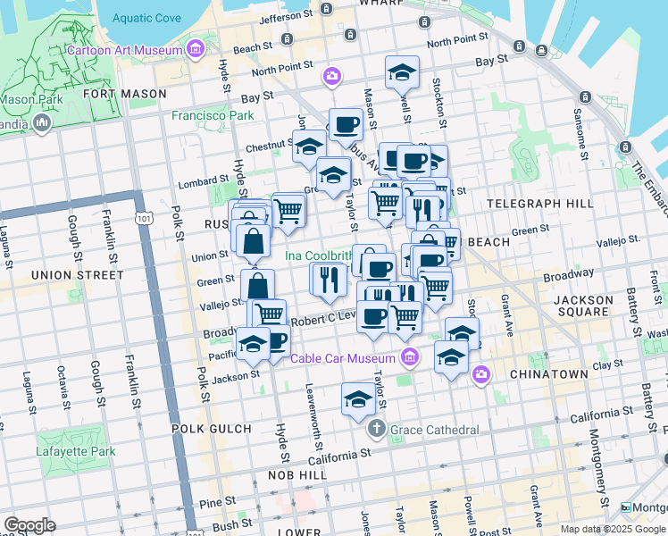 map of restaurants, bars, coffee shops, grocery stores, and more near 8 Russian Hill Place in San Francisco