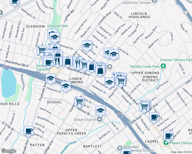 map of restaurants, bars, coffee shops, grocery stores, and more near MacArthur Blvd & Coolidge Ave in Oakland