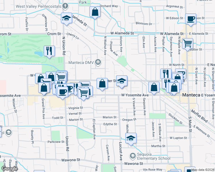 map of restaurants, bars, coffee shops, grocery stores, and more near 823 Joaquin Street in Manteca