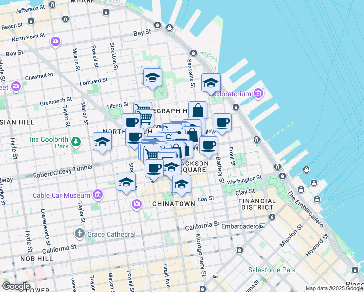 map of restaurants, bars, coffee shops, grocery stores, and more near 477 Vallejo Street in San Francisco