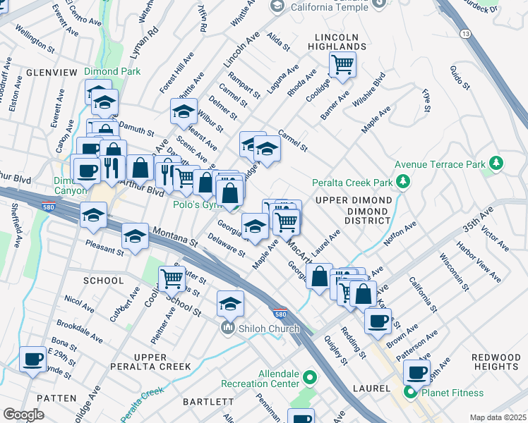 map of restaurants, bars, coffee shops, grocery stores, and more near 2880 MacArthur Boulevard in Oakland