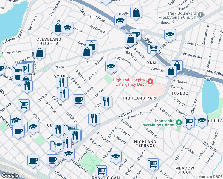 map of restaurants, bars, coffee shops, grocery stores, and more near 2525 12th Avenue in Oakland