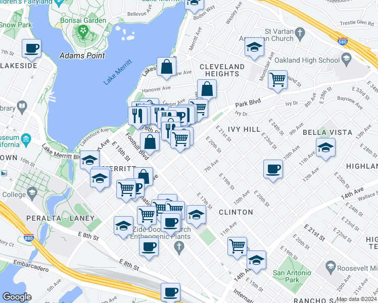map of restaurants, bars, coffee shops, grocery stores, and more near 1808 5th Avenue in Oakland