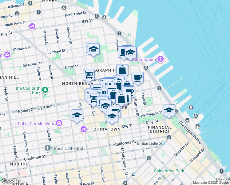 map of restaurants, bars, coffee shops, grocery stores, and more near 350 Broadway in San Francisco