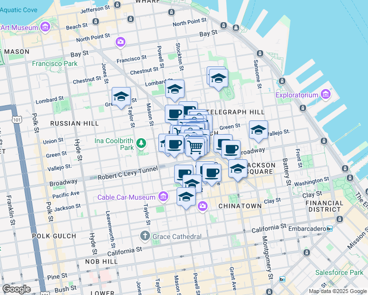 map of restaurants, bars, coffee shops, grocery stores, and more near 729 Vallejo Street in San Francisco