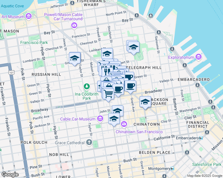 map of restaurants, bars, coffee shops, grocery stores, and more near 806 Vallejo Street in San Francisco