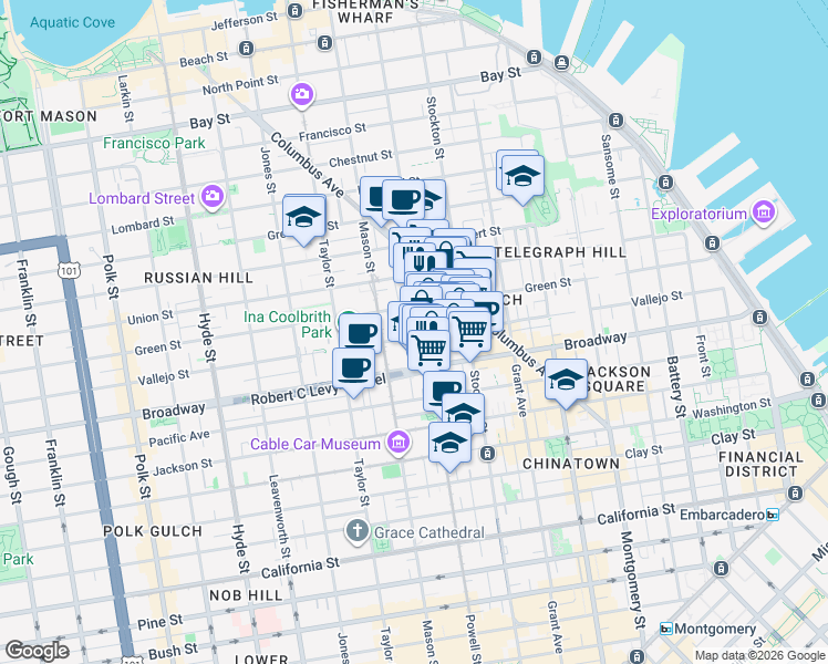 map of restaurants, bars, coffee shops, grocery stores, and more near 806 Vallejo Street in San Francisco