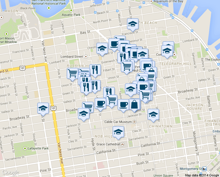 map of restaurants, bars, coffee shops, grocery stores, and more near 8 Russian Hill Place in San Francisco