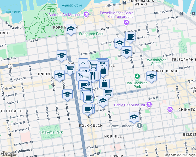 map of restaurants, bars, coffee shops, grocery stores, and more near 37 Russell Street in San Francisco
