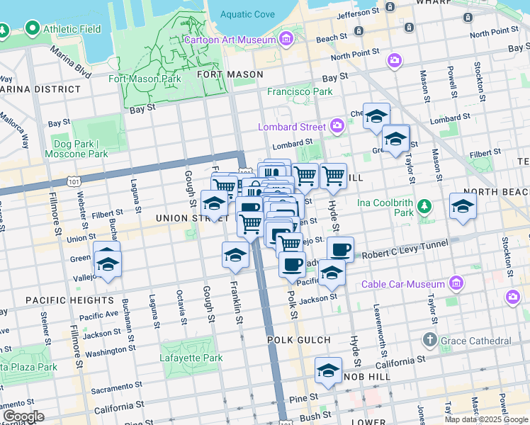 map of restaurants, bars, coffee shops, grocery stores, and more near in San Francisco