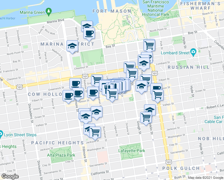 map of restaurants, bars, coffee shops, grocery stores, and more near 1857 Filbert Street in San Francisco