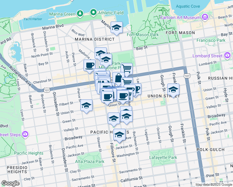 map of restaurants, bars, coffee shops, grocery stores, and more near 113 Pixley Street in San Francisco
