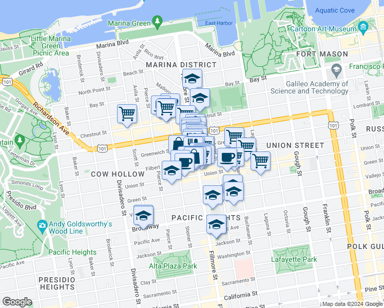 map of restaurants, bars, coffee shops, grocery stores, and more near 201 Pixley Street in San Francisco