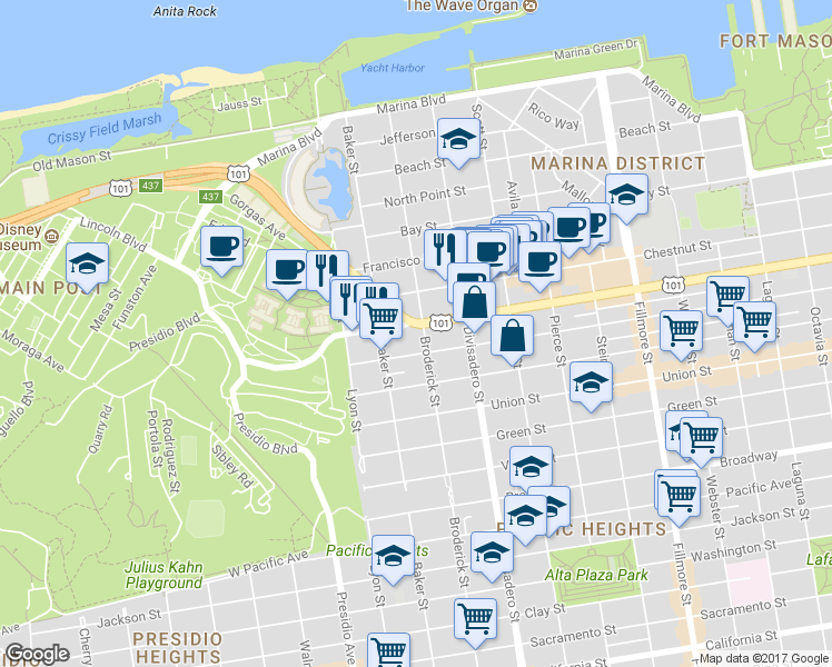 map of restaurants, bars, coffee shops, grocery stores, and more near in San Francisco