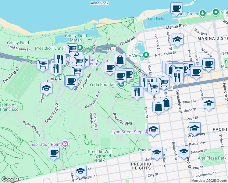 map of restaurants, bars, coffee shops, grocery stores, and more near 558 Presidio Boulevard in San Francisco