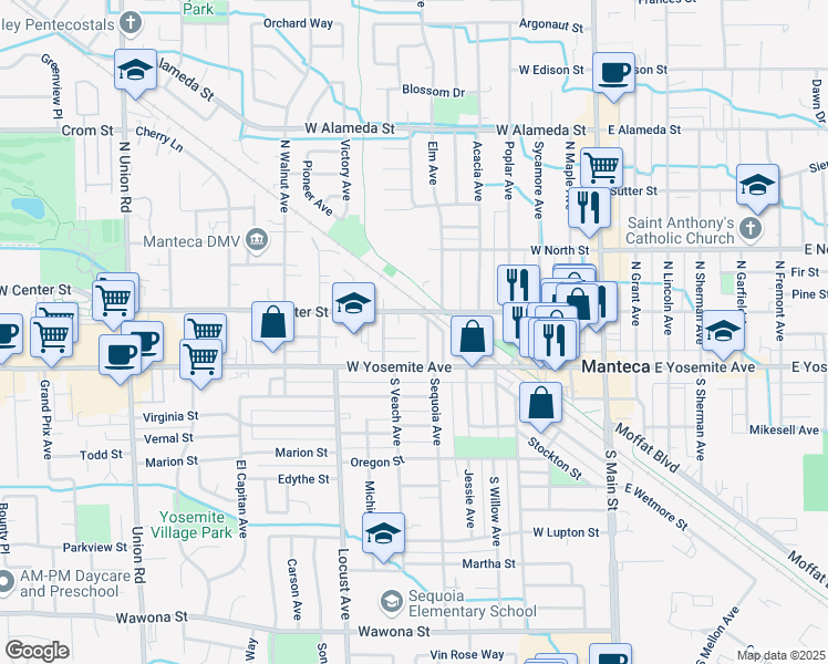 map of restaurants, bars, coffee shops, grocery stores, and more near 621 Joaquin Street in Manteca