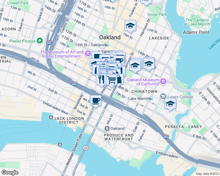 map of restaurants, bars, coffee shops, grocery stores, and more near 324 7th Street in Oakland