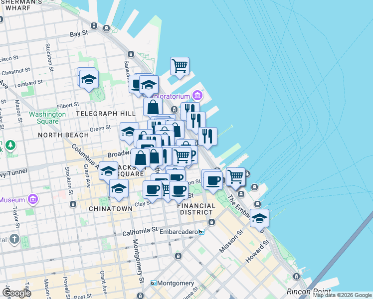 map of restaurants, bars, coffee shops, grocery stores, and more near 662 Davis Street in San Francisco