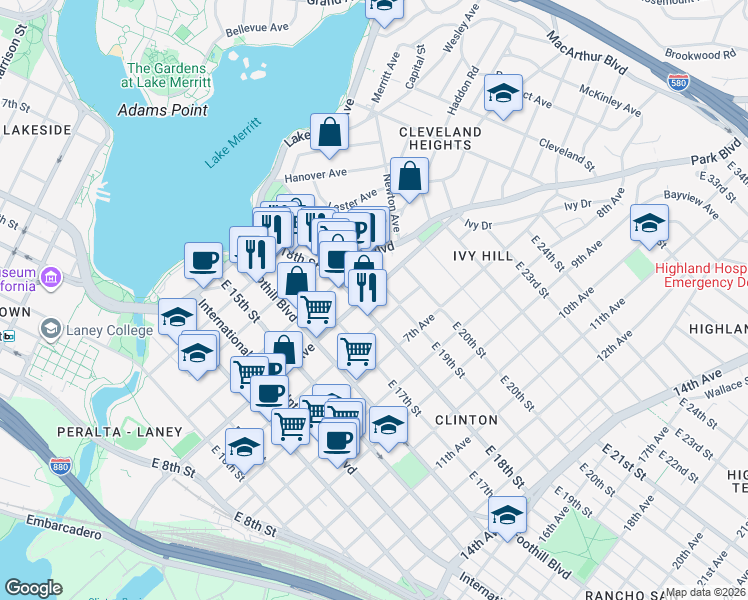 map of restaurants, bars, coffee shops, grocery stores, and more near 1820 5th Avenue in Oakland