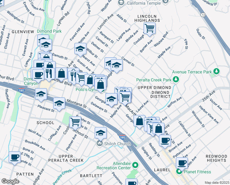 map of restaurants, bars, coffee shops, grocery stores, and more near 2880 MacArthur Boulevard in Oakland