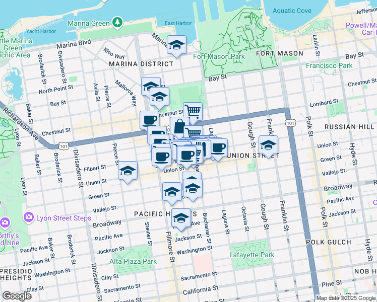 map of restaurants, bars, coffee shops, grocery stores, and more near 2028 Filbert Street in San Francisco