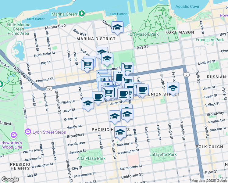 map of restaurants, bars, coffee shops, grocery stores, and more near 113 Pixley Street in San Francisco