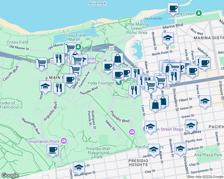 map of restaurants, bars, coffee shops, grocery stores, and more near 558 Presidio Boulevard in San Francisco