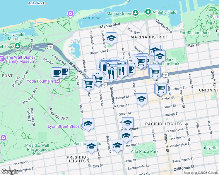 map of restaurants, bars, coffee shops, grocery stores, and more near 3131 Divisadero Street in San Francisco
