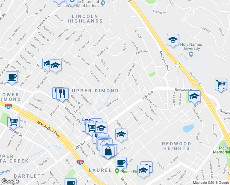 map of restaurants, bars, coffee shops, grocery stores, and more near 3325 Wisconsin Street in Oakland