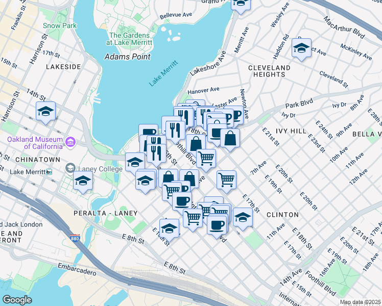 map of restaurants, bars, coffee shops, grocery stores, and more near 319 East 17th Street in Oakland