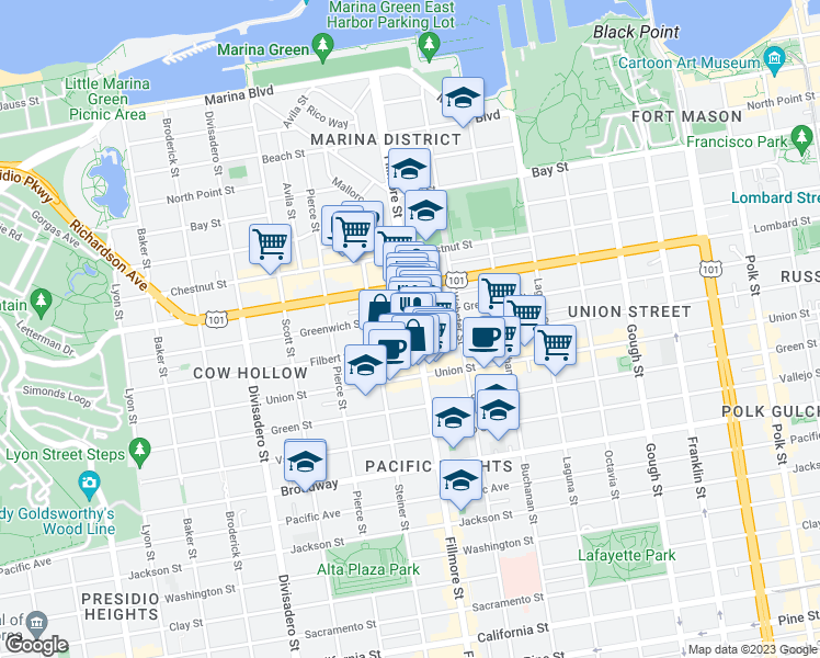 map of restaurants, bars, coffee shops, grocery stores, and more near 201 Pixley Street in San Francisco