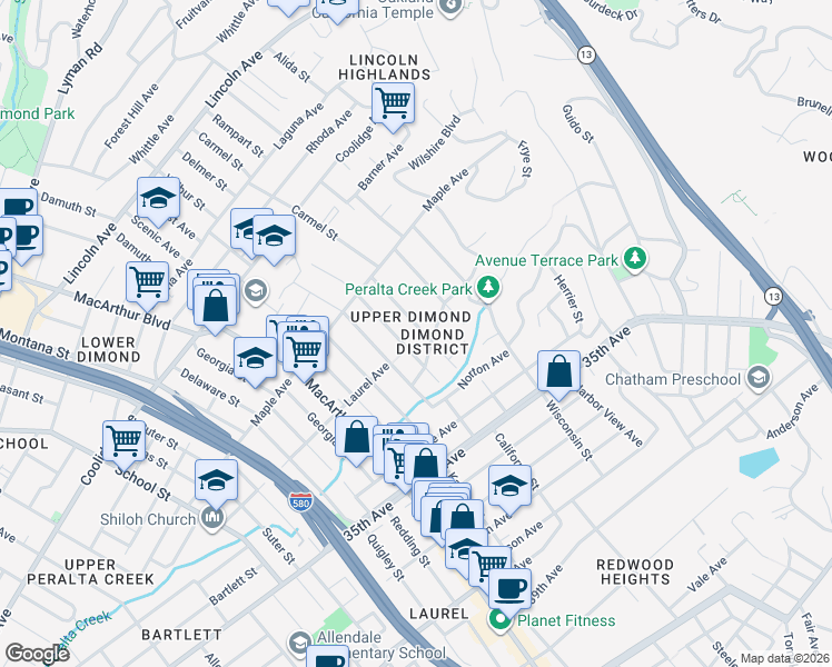 map of restaurants, bars, coffee shops, grocery stores, and more near 3141 Arizona Street in Oakland