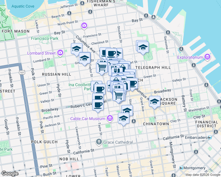 map of restaurants, bars, coffee shops, grocery stores, and more near 1618 Mason Street in San Francisco