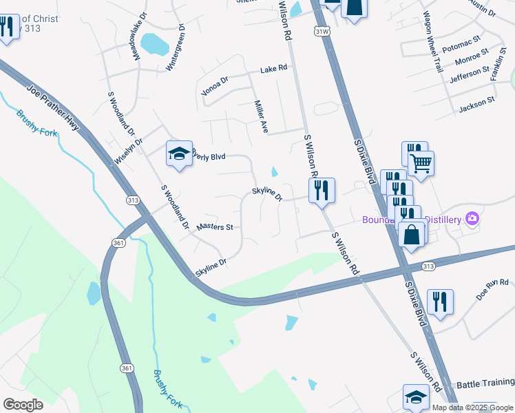 map of restaurants, bars, coffee shops, grocery stores, and more near 106 Arthur Court in Radcliff
