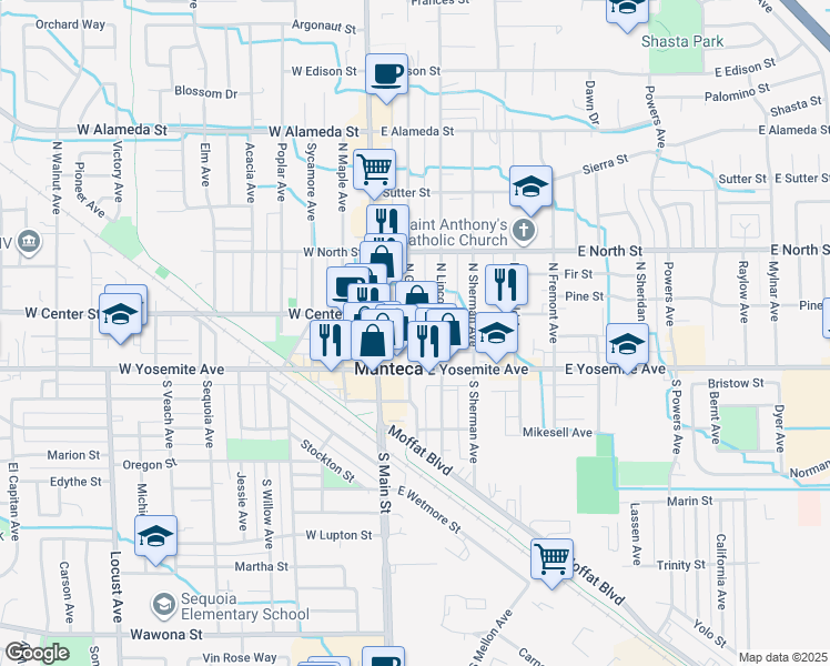 map of restaurants, bars, coffee shops, grocery stores, and more near 142 North Grant Avenue in Manteca