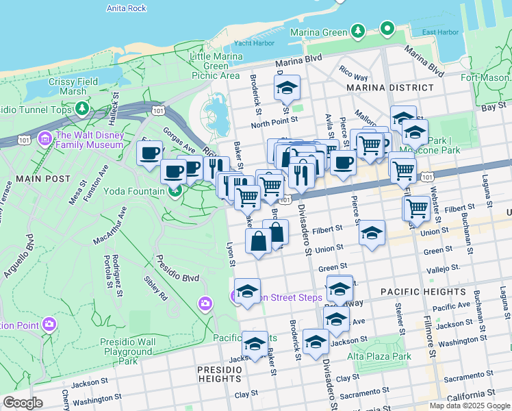 map of restaurants, bars, coffee shops, grocery stores, and more near 2671 Lombard Street in San Francisco