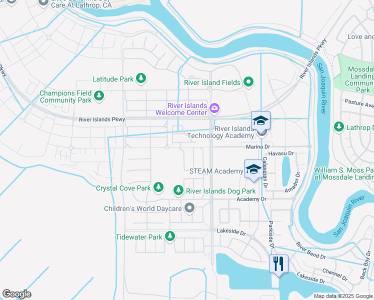 map of restaurants, bars, coffee shops, grocery stores, and more near 17820 Eastman Court in Lathrop