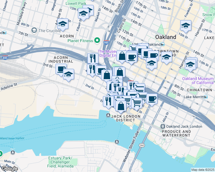 map of restaurants, bars, coffee shops, grocery stores, and more near 622 3rd Street in Oakland