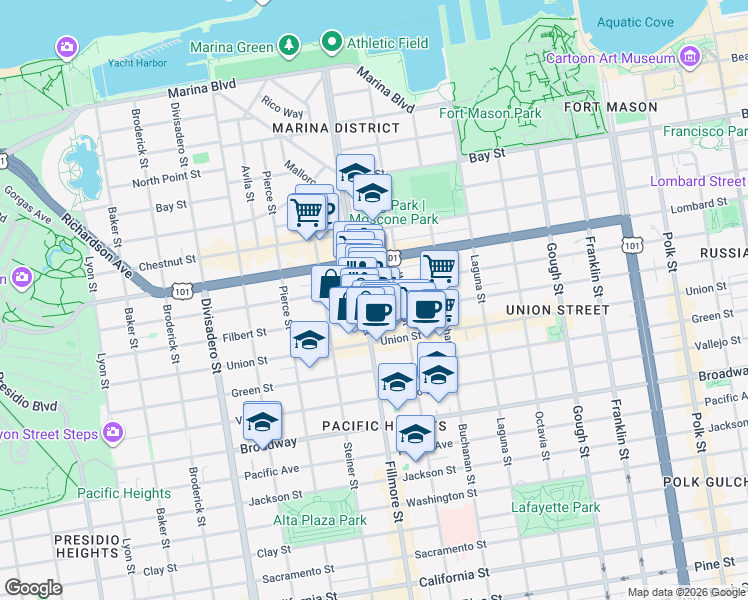 map of restaurants, bars, coffee shops, grocery stores, and more near Pixley Street in San Francisco