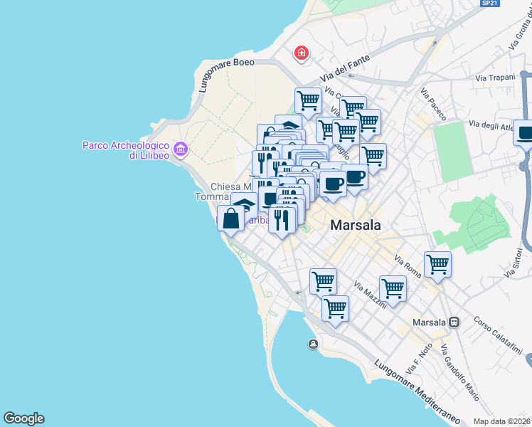 map of restaurants, bars, coffee shops, grocery stores, and more near 34 Via San Lorenzo in Marsala