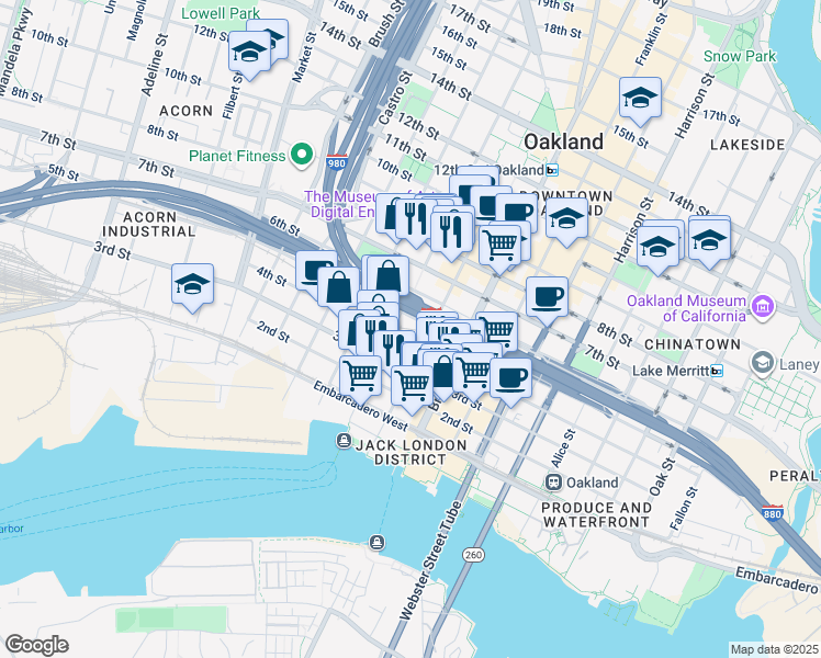 map of restaurants, bars, coffee shops, grocery stores, and more near 522 4th Street in Oakland