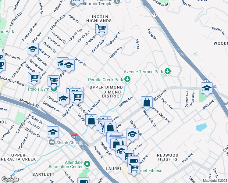 map of restaurants, bars, coffee shops, grocery stores, and more near 4014 Laurel Avenue in Oakland
