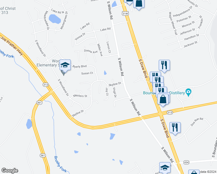map of restaurants, bars, coffee shops, grocery stores, and more near 101 Joy Ct in Radcliff
