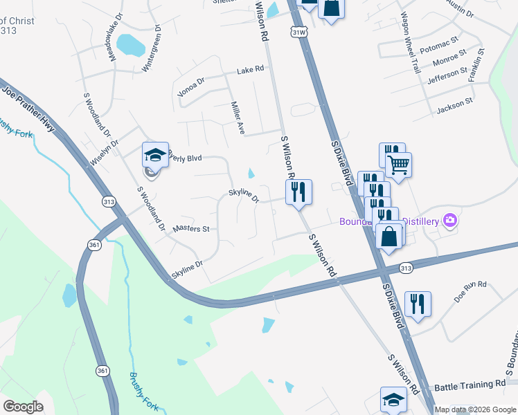 map of restaurants, bars, coffee shops, grocery stores, and more near 101 Joy Court in Radcliff